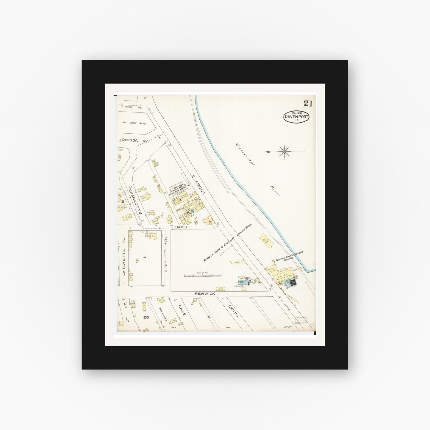 Old map wall art mockup — black gallery frame with white mat — Sanborn Fire Insurance Map from Davenport, Scott County, Iowa (1886), Sheet #0021