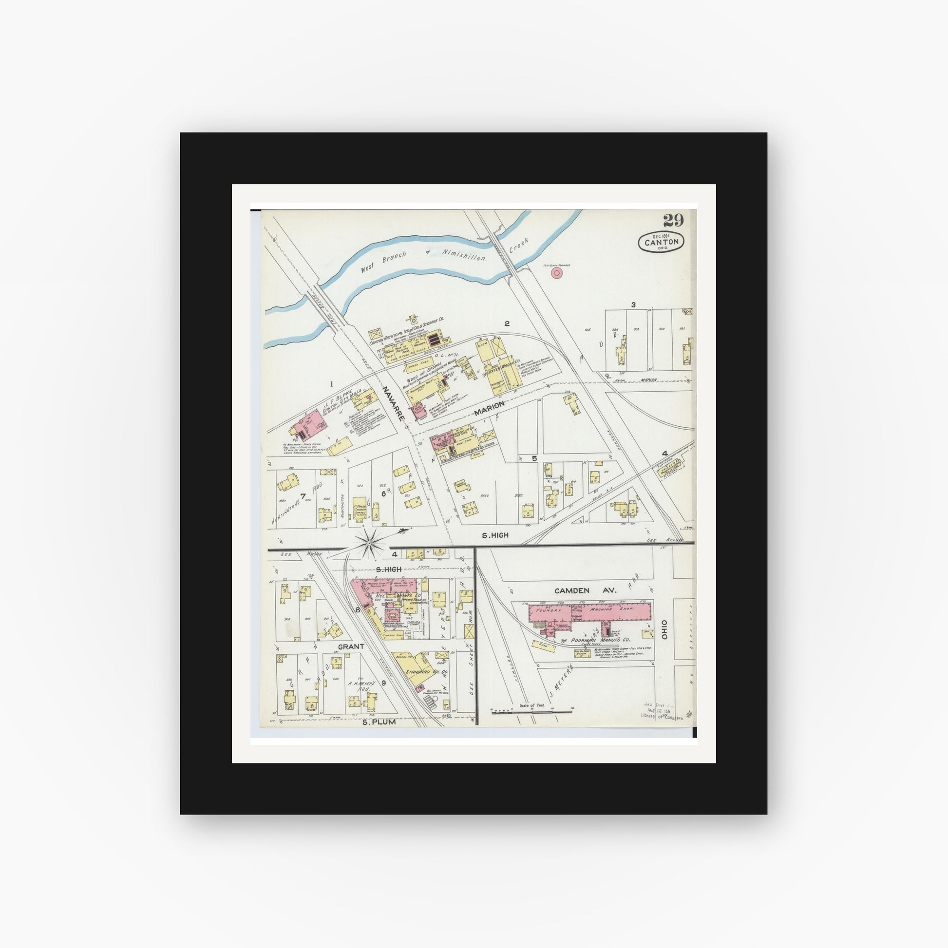 Old map wall art mockup — black gallery frame with white mat — Sanborn Fire Insurance Map from Canton, Stark County, Ohio (1891), Sheet #0029