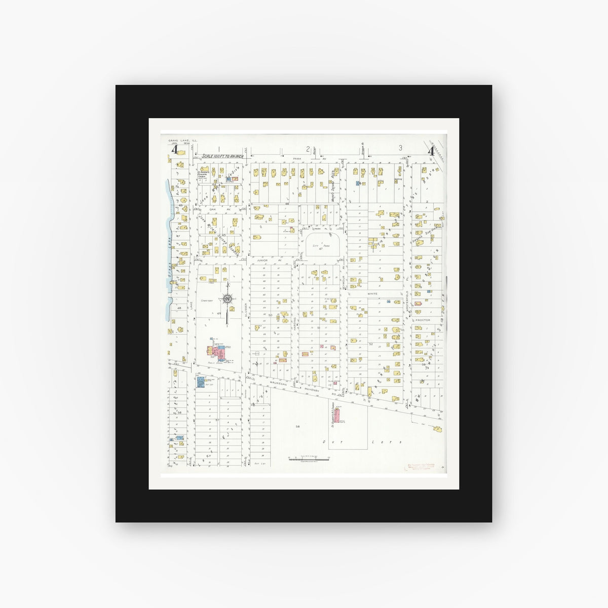 Old map wall art mockup — black gallery frame with white mat — Sanborn Fire Insurance Map from Grays Lake, Lake County, Illinois (1934), Sheet #0004