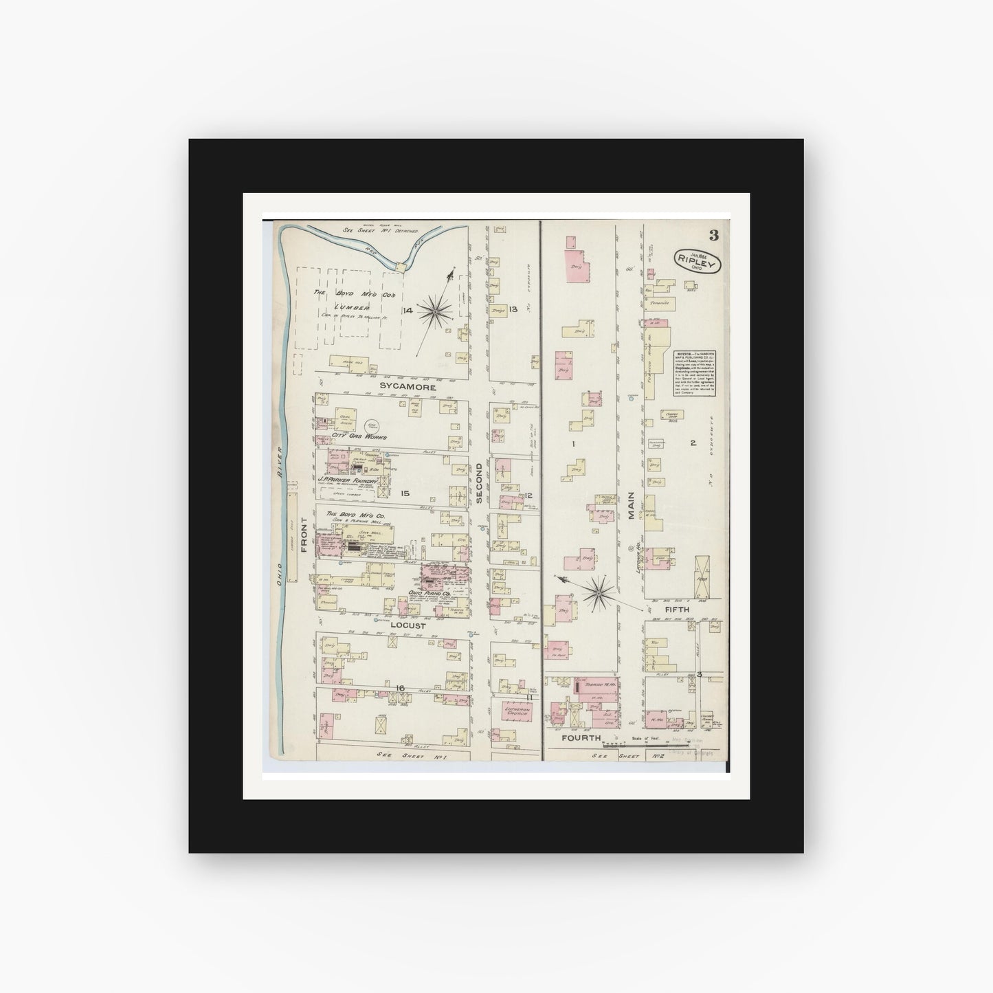 Old map wall art mockup — black gallery frame with white mat — Sanborn Fire Insurance Map from Ripley, Brown County, Ohio (1884), Sheet #0003