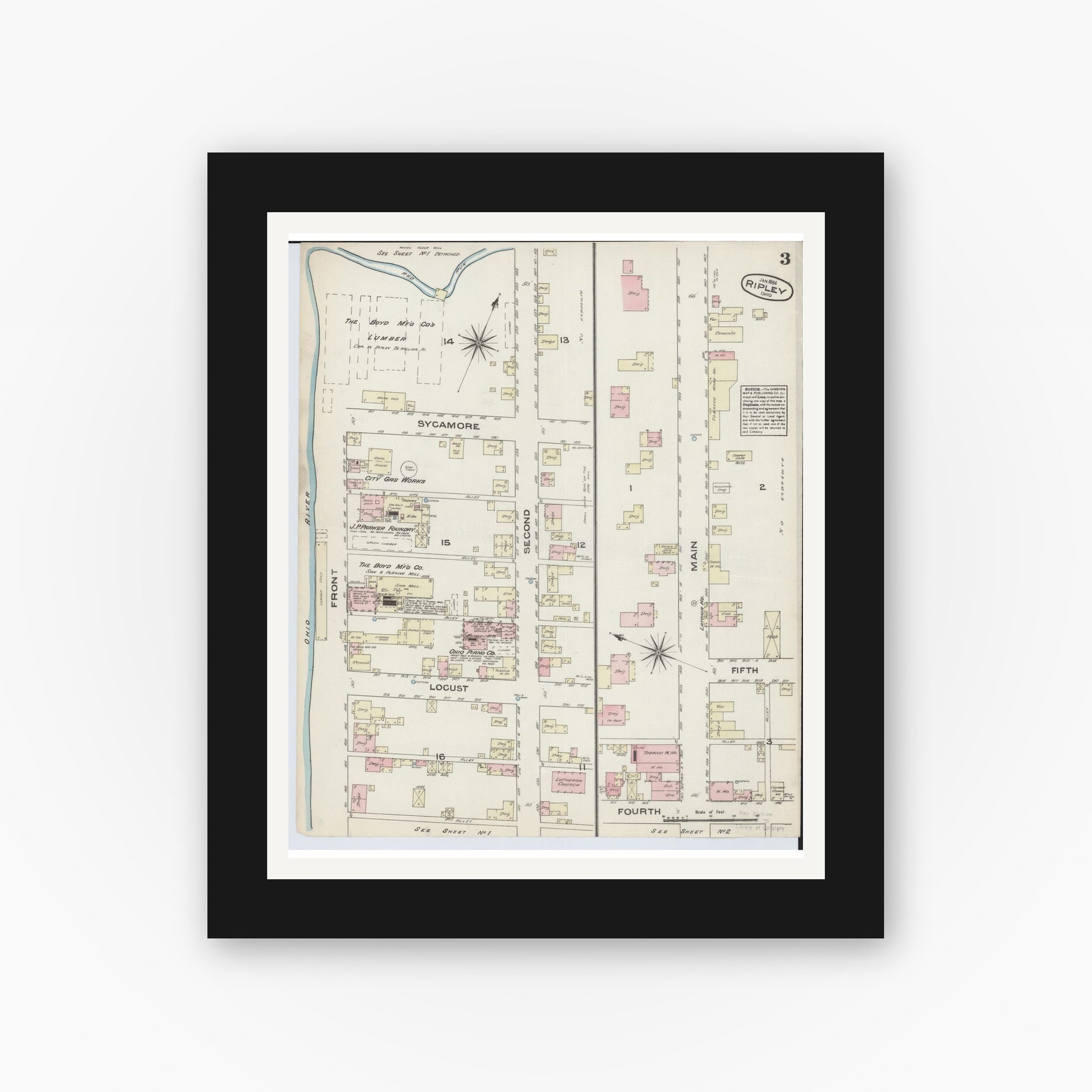 Old map wall art mockup — black gallery frame with white mat — Sanborn Fire Insurance Map from Ripley, Brown County, Ohio (1884), Sheet #0003