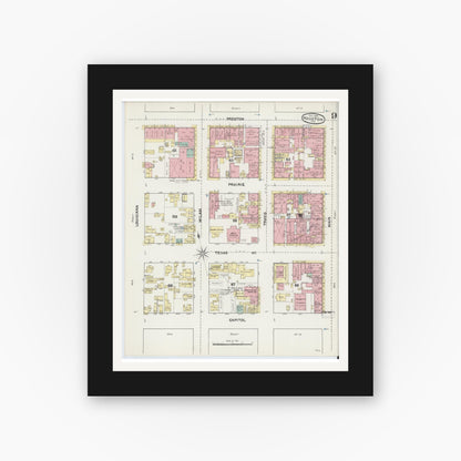 Old map wall art mockup — black gallery frame with white mat — Sanborn Fire Insurance Map from Houston, Harris County, Texas (1890), Sheet #0009