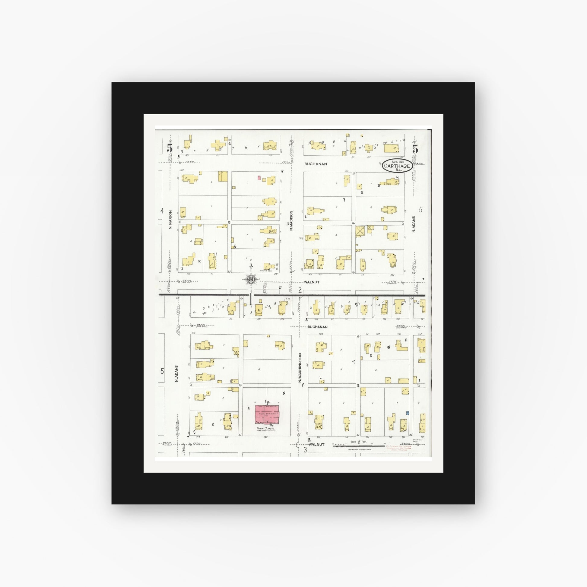 Old map wall art mockup — black gallery frame with white mat — Sanborn Fire Insurance Map from Carthage, Hancock County, Illinois (1926), Sheet #0005