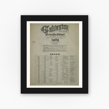 Old map wall art mockup — black gallery frame with white mat — Sanborn Fire Insurance Map from Galveston, Galveston County, Texas (1889), Sheet #0001