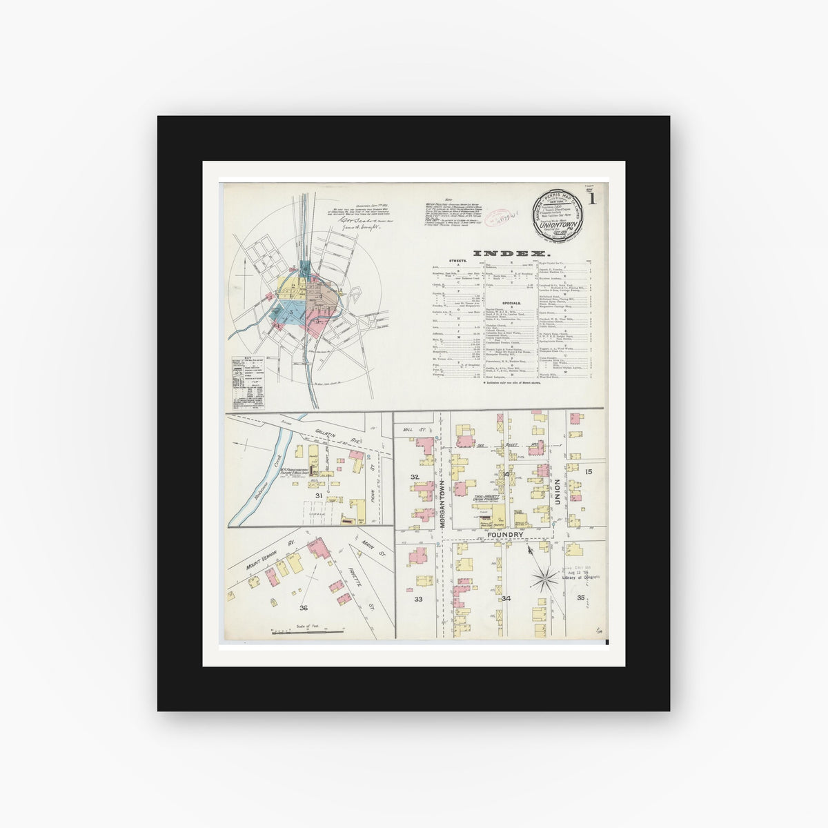 Old map wall art mockup — black gallery frame with white mat — Sanborn Fire Insurance Map from Uniontown, Fayette County, Pennsylvania (1891) - Complete Map Set