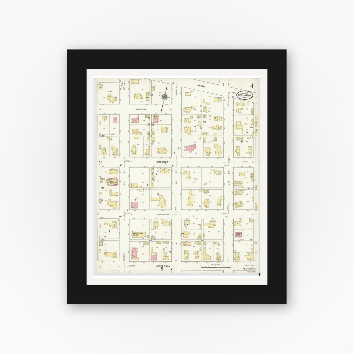 Old map wall art mockup — black gallery frame with white mat — Sanborn Fire Insurance Map from Covington, Fountain County, Indiana (1910), Sheet #0004