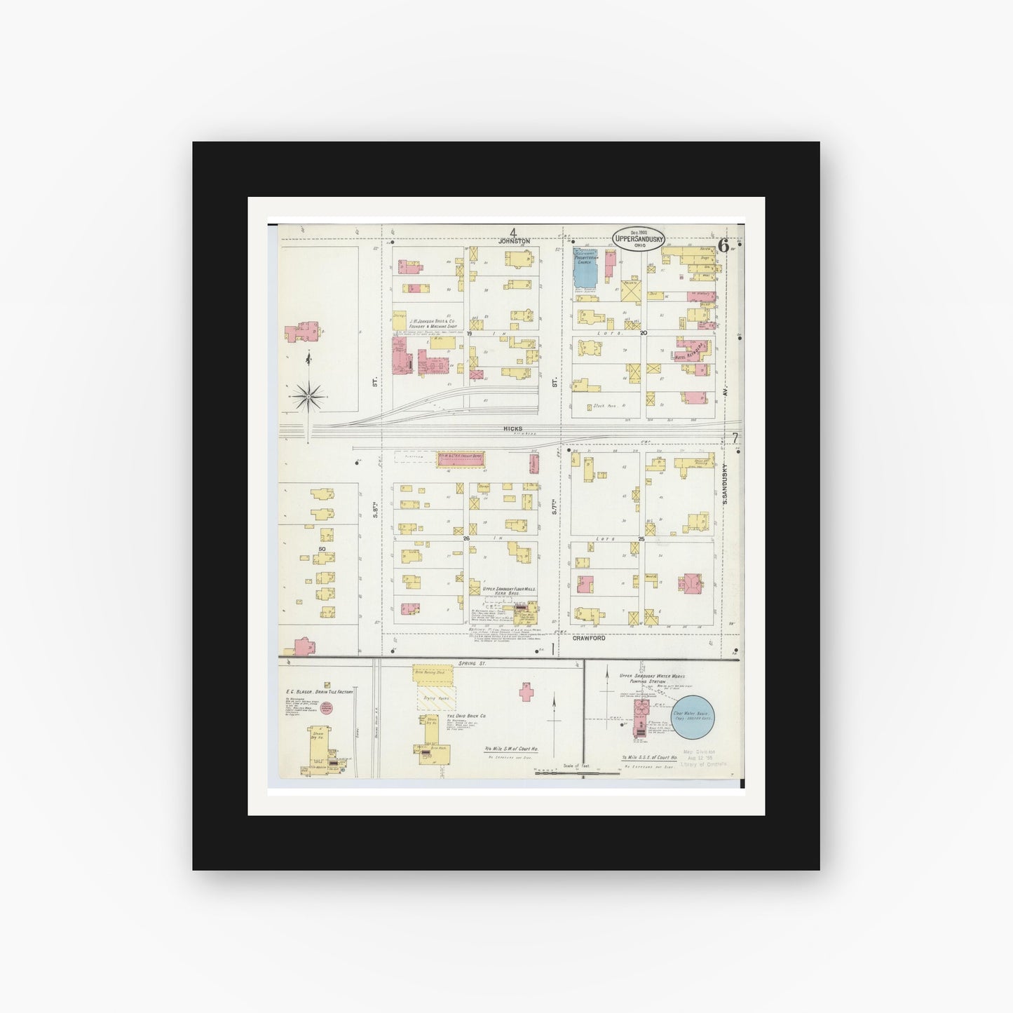 Old map wall art mockup — black gallery frame with white mat — Sanborn Fire Insurance Map from Upper Sandusky, Wyandot County, Ohio (1902), Sheet #0006