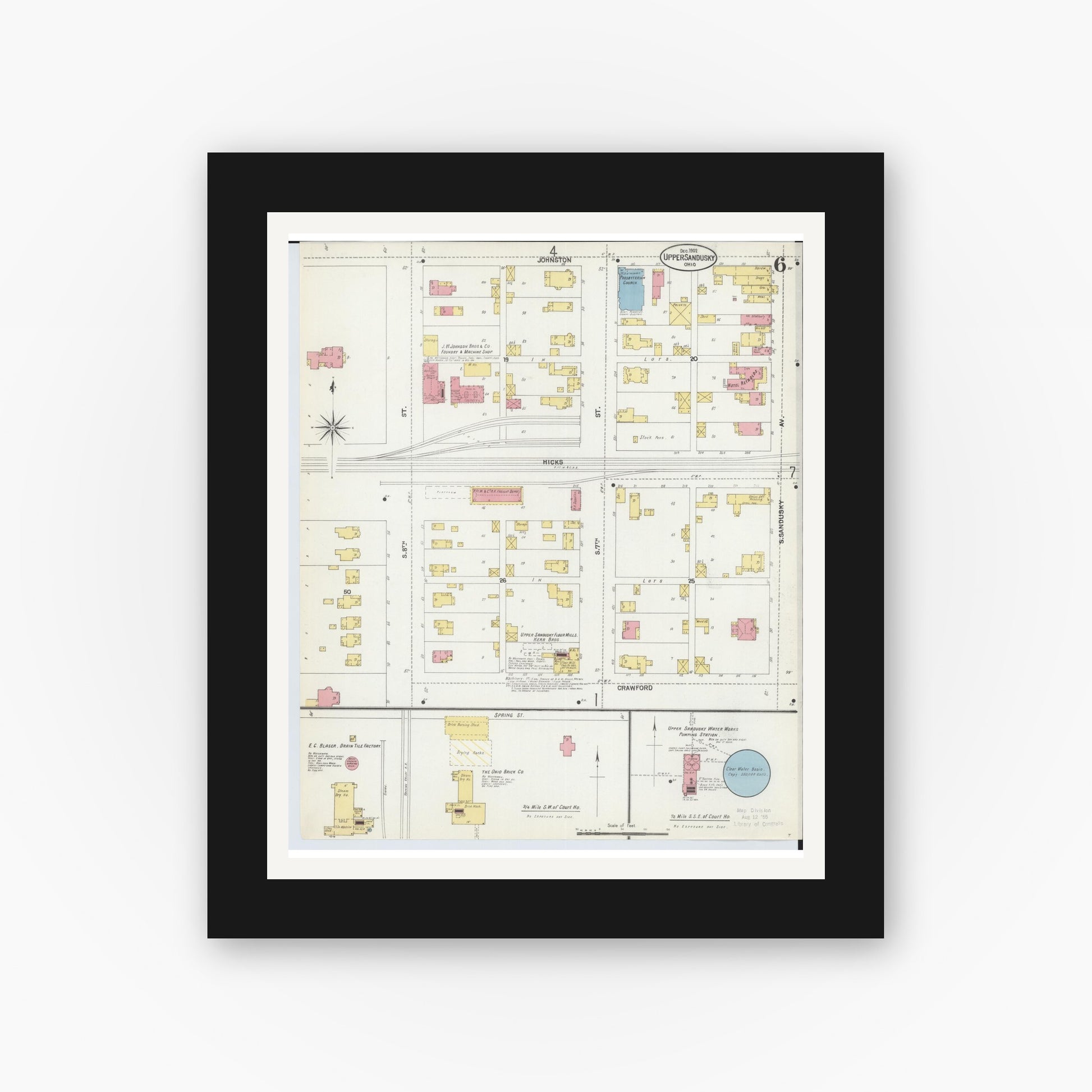 Old map wall art mockup — black gallery frame with white mat — Sanborn Fire Insurance Map from Upper Sandusky, Wyandot County, Ohio (1902), Sheet #0006