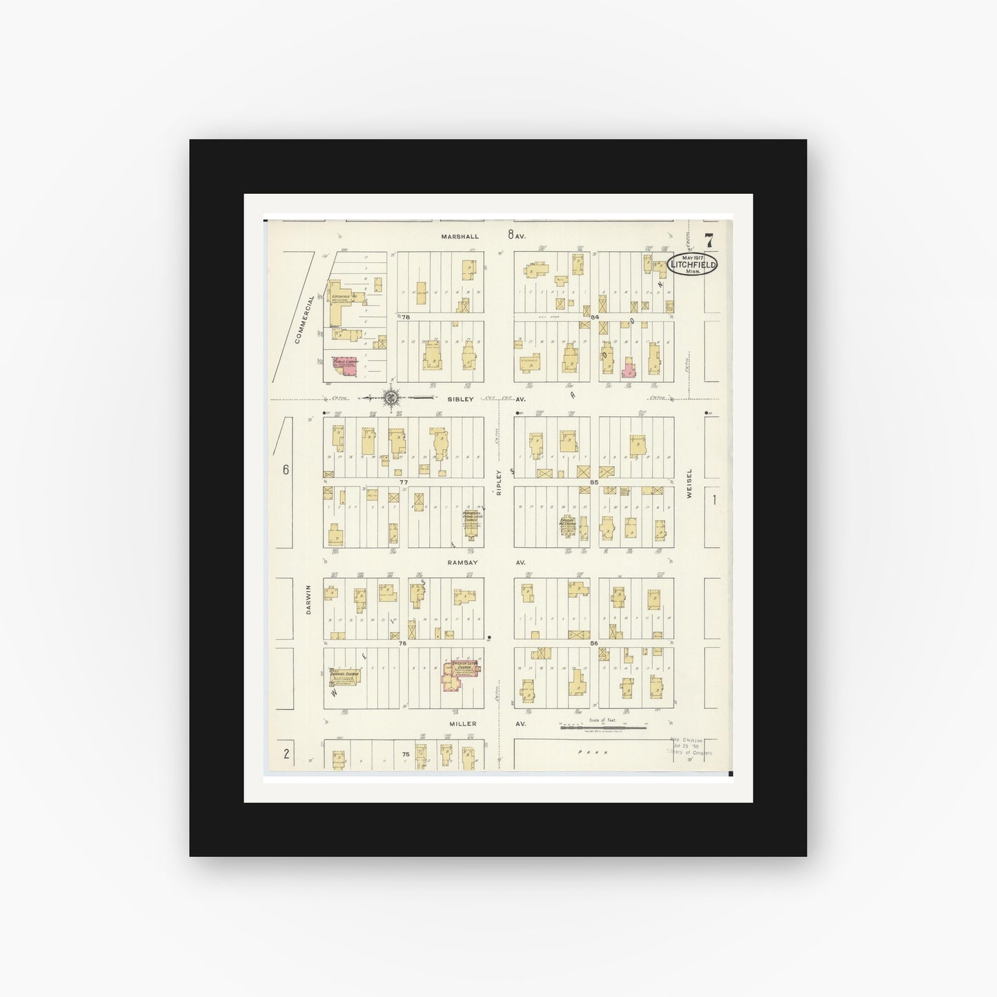 Old map wall art mockup — black gallery frame with white mat — Sanborn Fire Insurance Map from Litchfield, Meeker County, Minnesota (1917), Sheet #0007