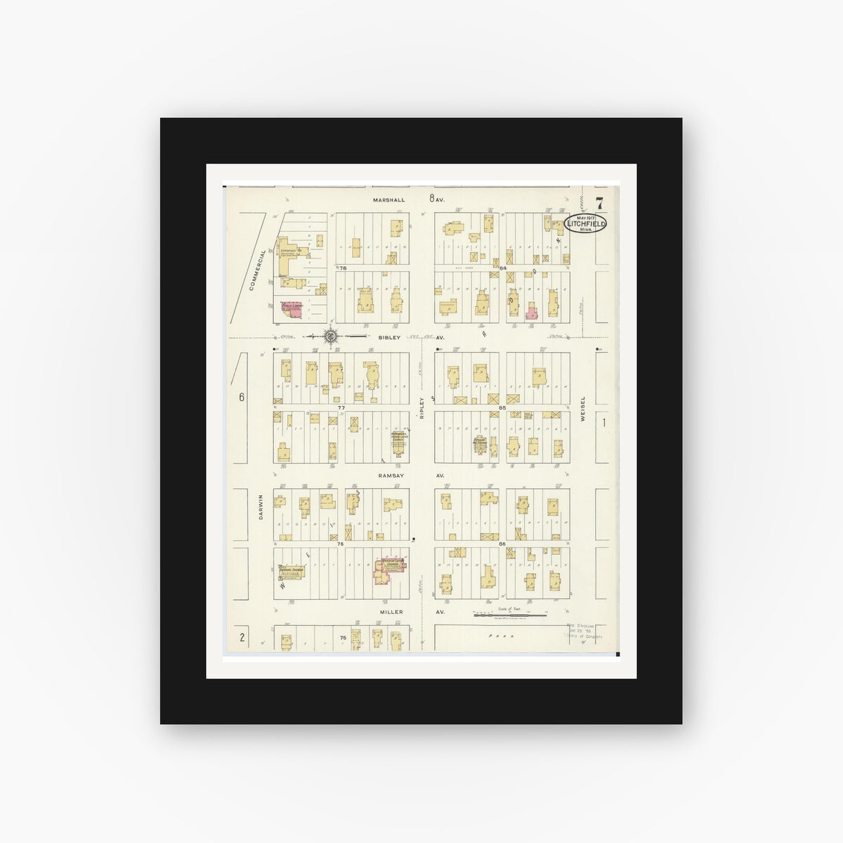 Old map wall art mockup — black gallery frame with white mat — Sanborn Fire Insurance Map from Litchfield, Meeker County, Minnesota (1917), Sheet #0007