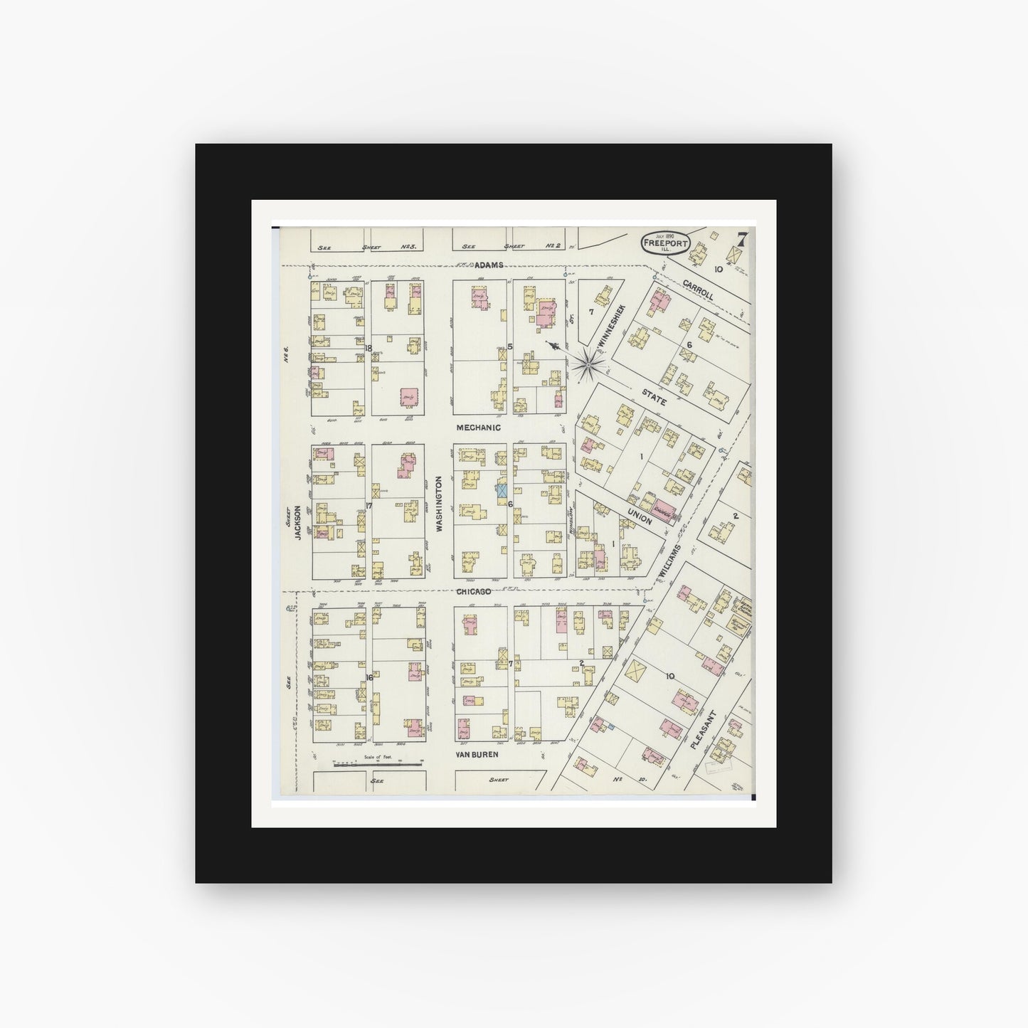 Old map wall art mockup — black gallery frame with white mat — Sanborn Fire Insurance Map from Freeport, Stephenson County, Illinois (1890), Sheet #0007