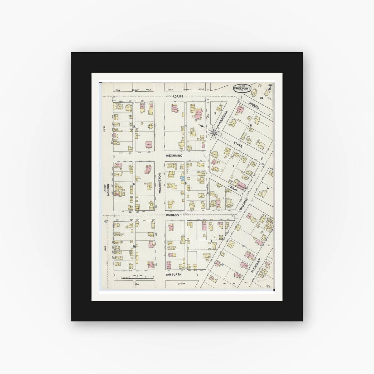 Old map wall art mockup — black gallery frame with white mat — Sanborn Fire Insurance Map from Freeport, Stephenson County, Illinois (1890), Sheet #0007