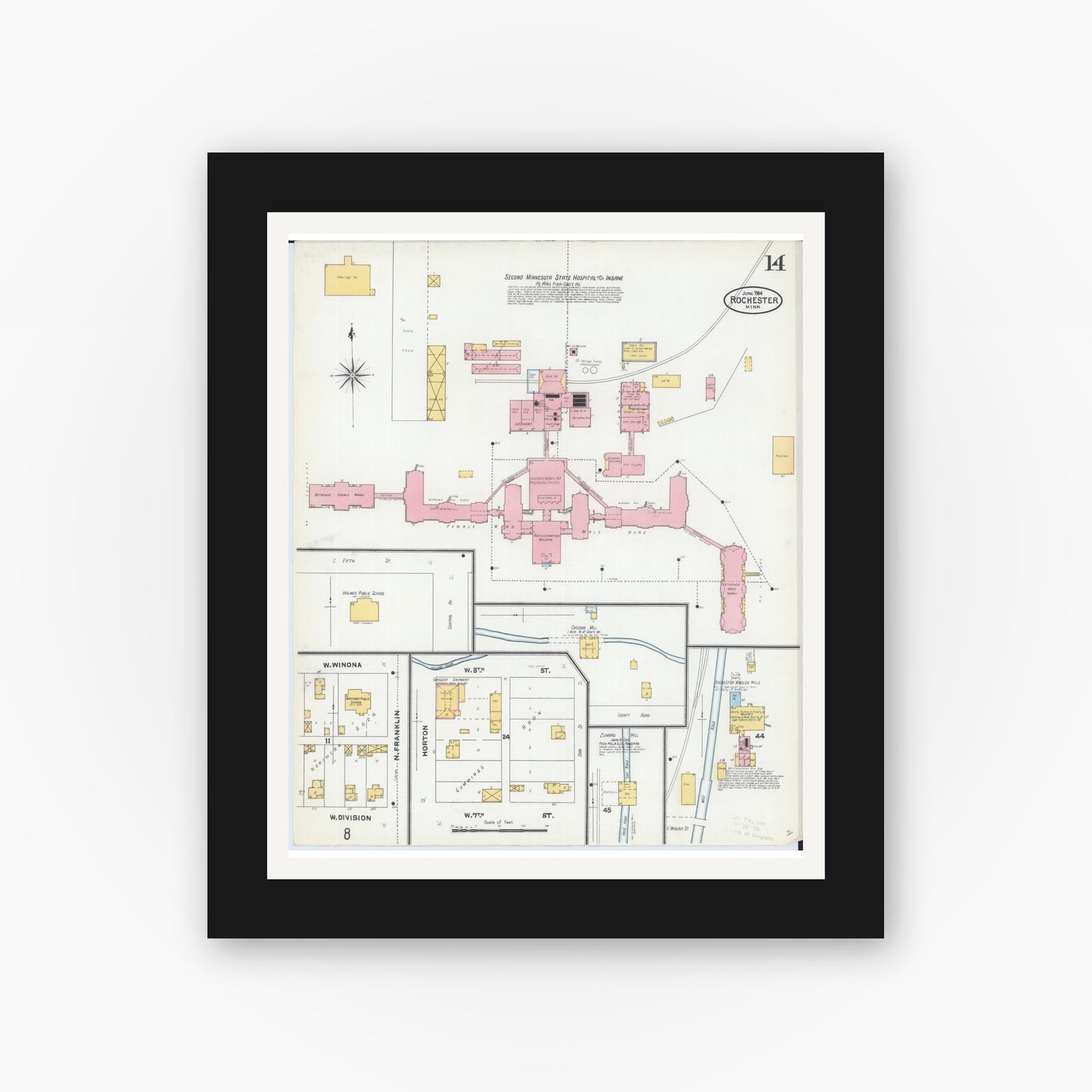 Old map wall art mockup — black gallery frame with white mat — Sanborn Fire Insurance Map from Rochester, Olmsted County, Minnesota (1904), Sheet #0014