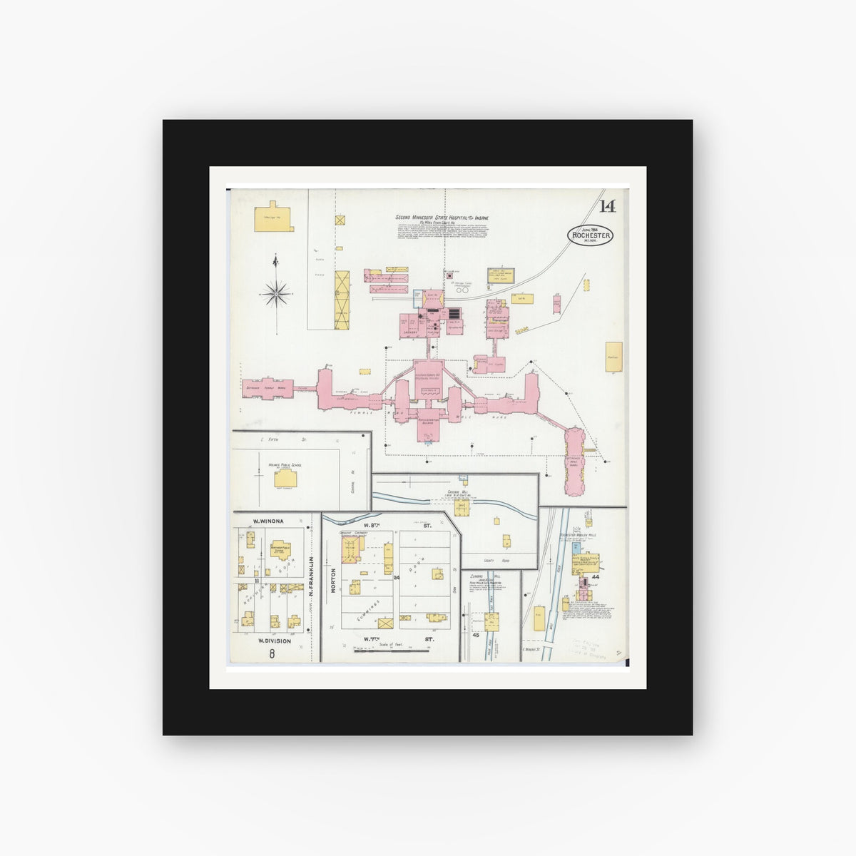 Old map wall art mockup — black gallery frame with white mat — Sanborn Fire Insurance Map from Rochester, Olmsted County, Minnesota (1904), Sheet #0014