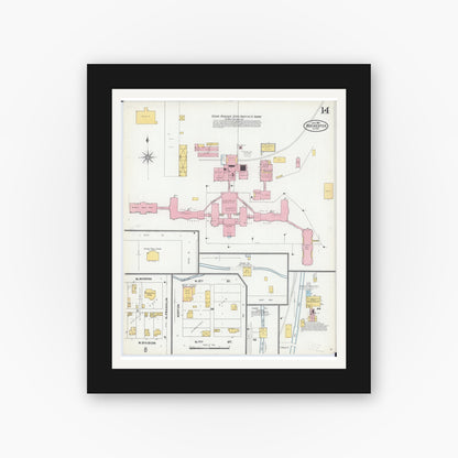 Old map wall art mockup — black gallery frame with white mat — Sanborn Fire Insurance Map from Rochester, Olmsted County, Minnesota (1904), Sheet #0014