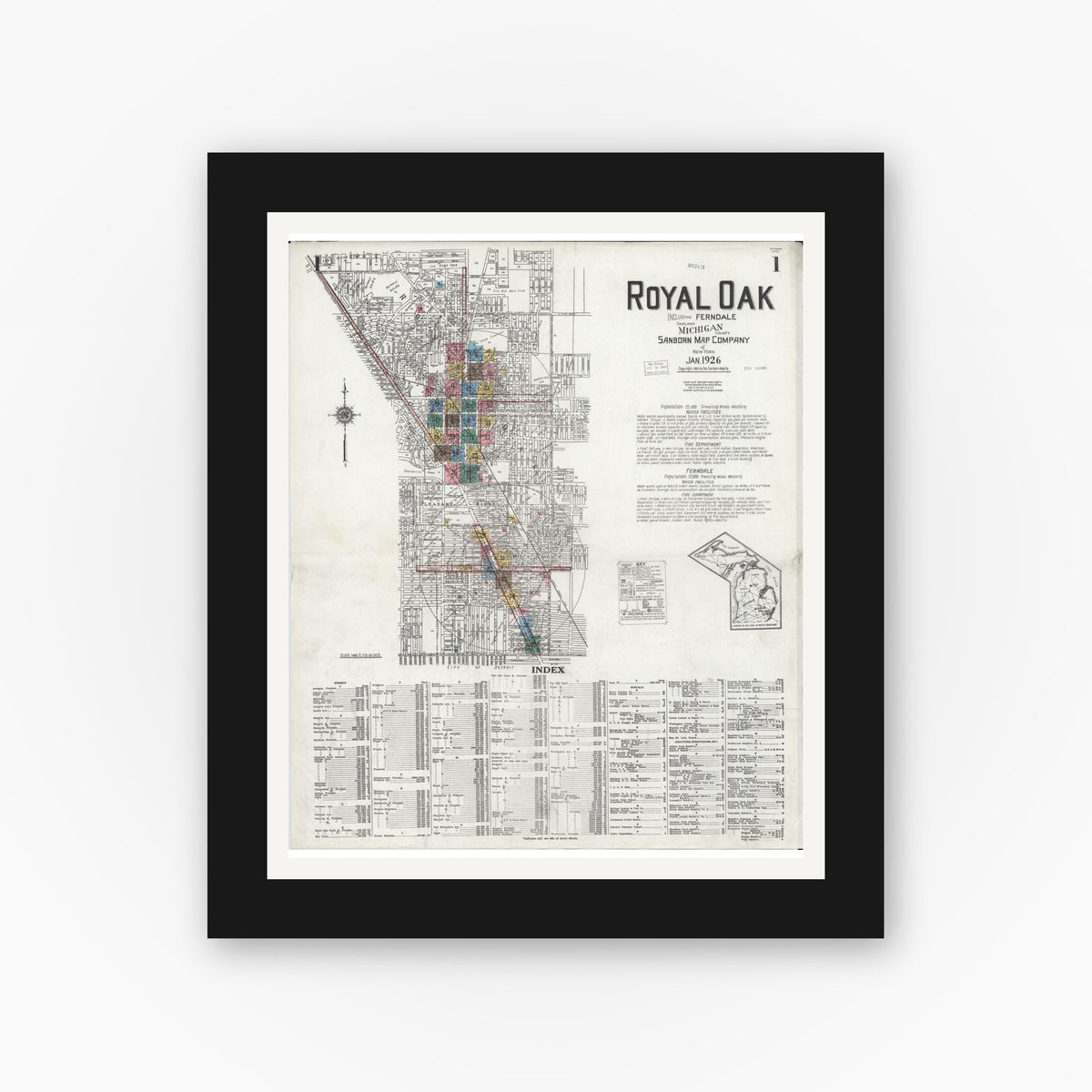 Old map wall art mockup — black gallery frame with white mat — Sanborn Fire Insurance Map from Royal Oak, Oakland County, Michigan (1926), Sheet #0001
