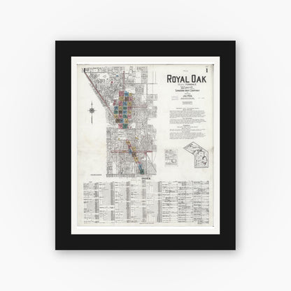 Old map wall art mockup — black gallery frame with white mat — Sanborn Fire Insurance Map from Royal Oak, Oakland County, Michigan (1926), Sheet #0001