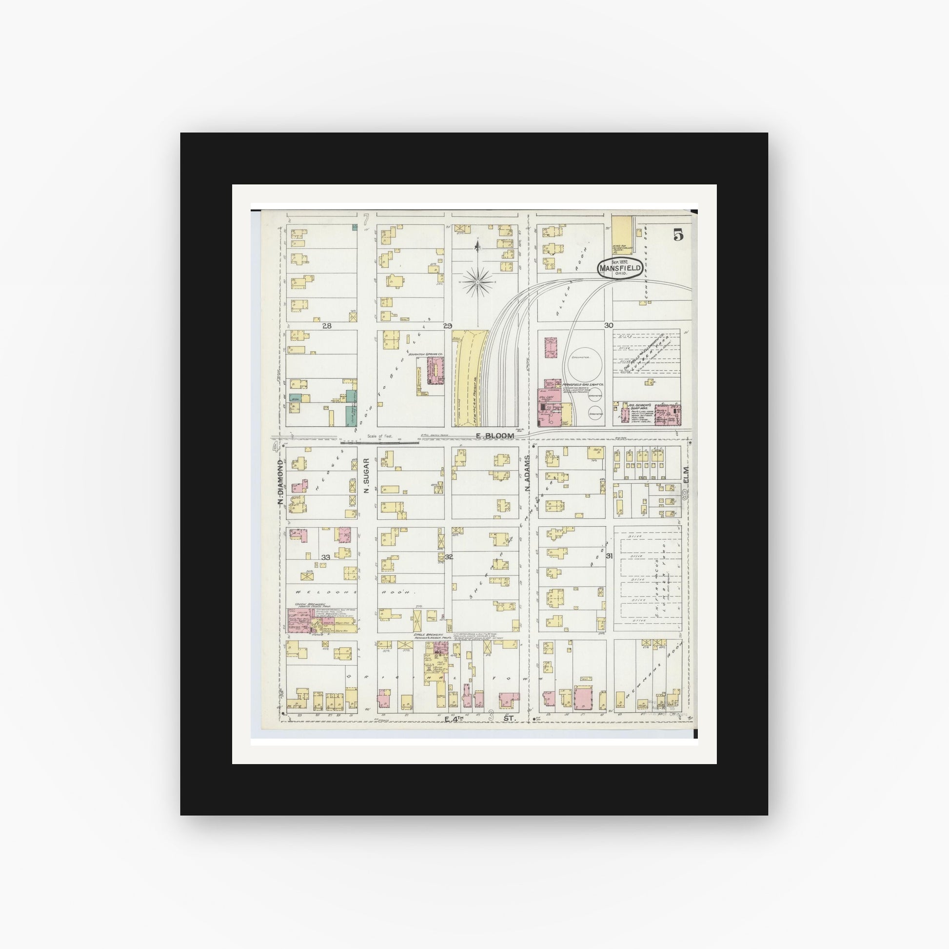 Old map wall art mockup — black gallery frame with white mat — Sanborn Fire Insurance Map from Mansfield, Richland County, Ohio (1892), Sheet #0005