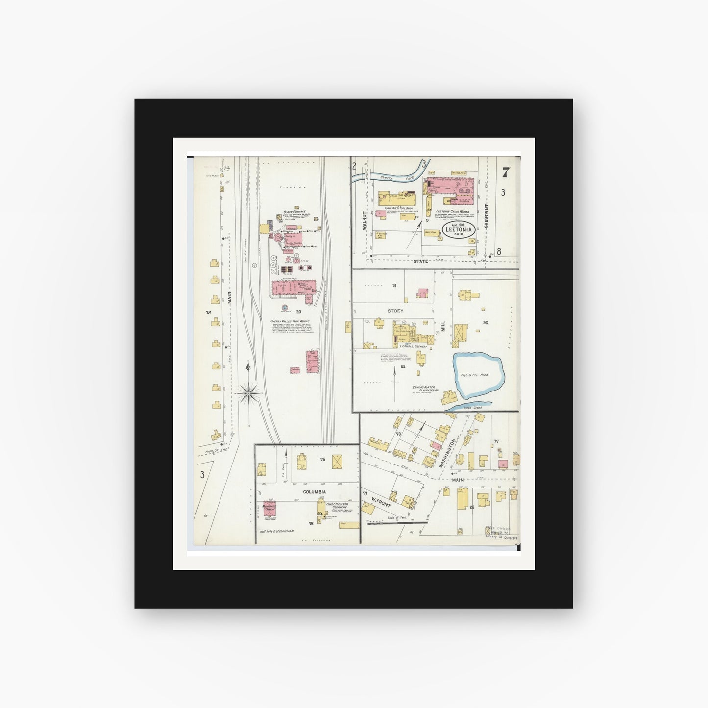 Old map wall art mockup — black gallery frame with white mat — Sanborn Fire Insurance Map from Leetonia, Columbiana County, Ohio (1903), Sheet #0007
