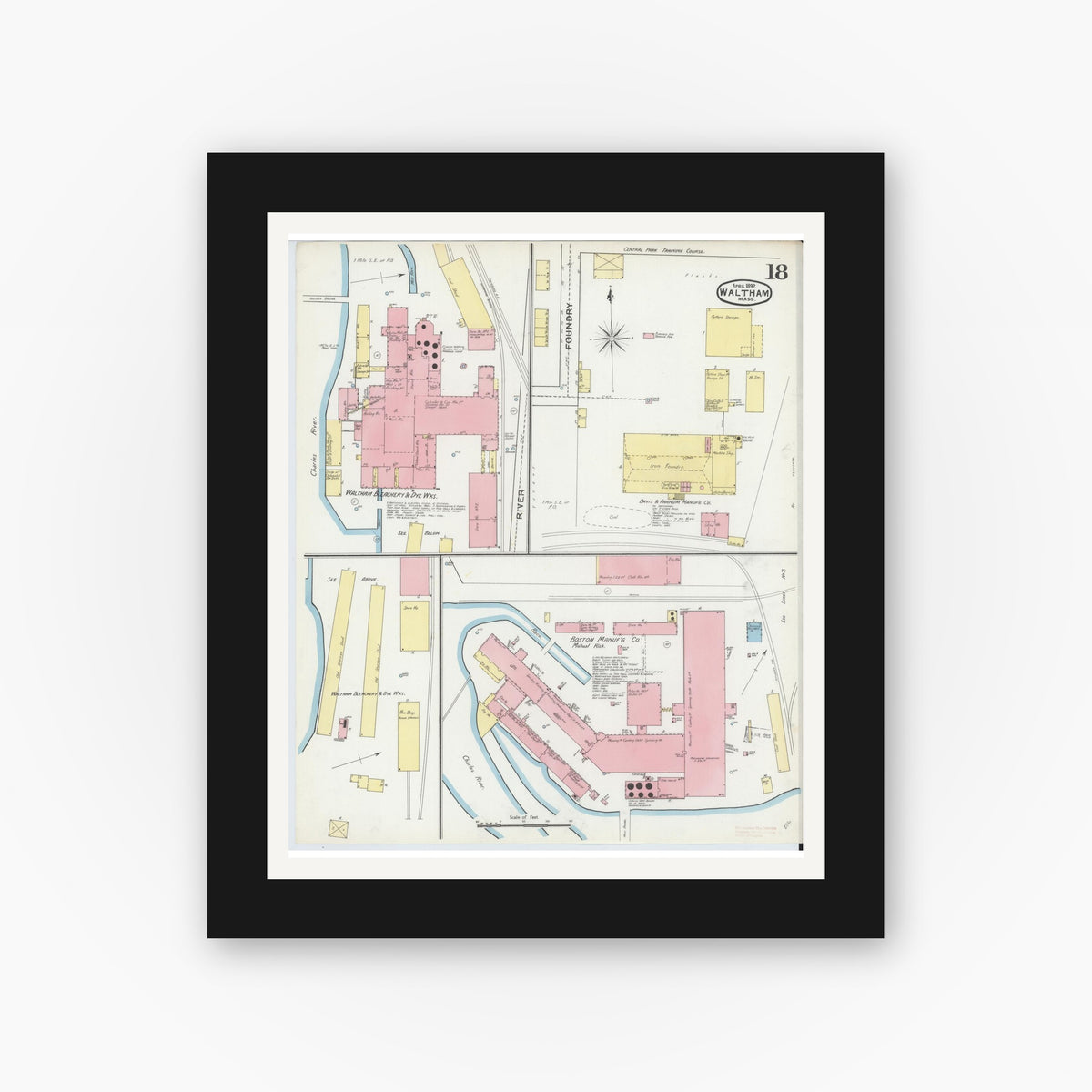 Old map wall art mockup — black gallery frame with white mat — Sanborn Fire Insurance Map from Waltham, Middlesex County, Massachusetts (1892), Sheet #0018