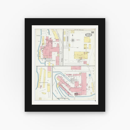 Old map wall art mockup — black gallery frame with white mat — Sanborn Fire Insurance Map from Waltham, Middlesex County, Massachusetts (1892), Sheet #0018