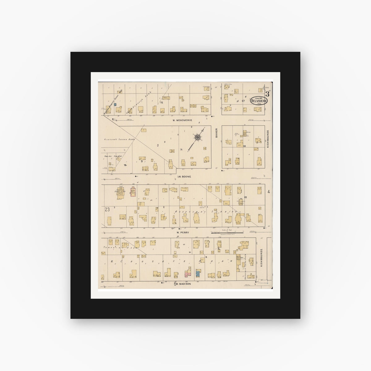 Old map wall art mockup — black gallery frame with white mat — Sanborn Fire Insurance Map from Belvidere, Boone County, Illinois (1922), Sheet #0003