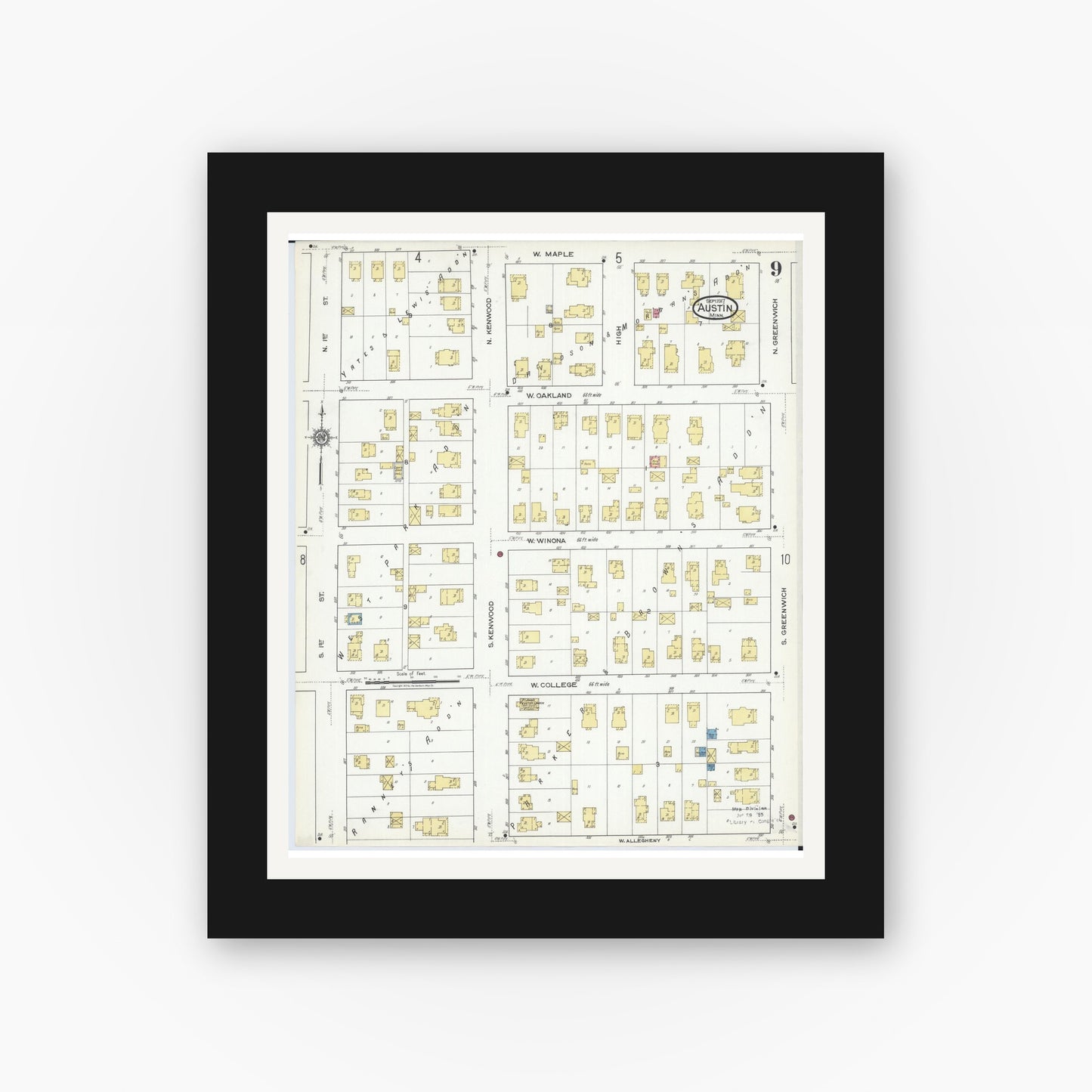 Old map wall art mockup — black gallery frame with white mat — Sanborn Fire Insurance Map from Austin, Mower County, Minnesota (1917), Sheet #0009