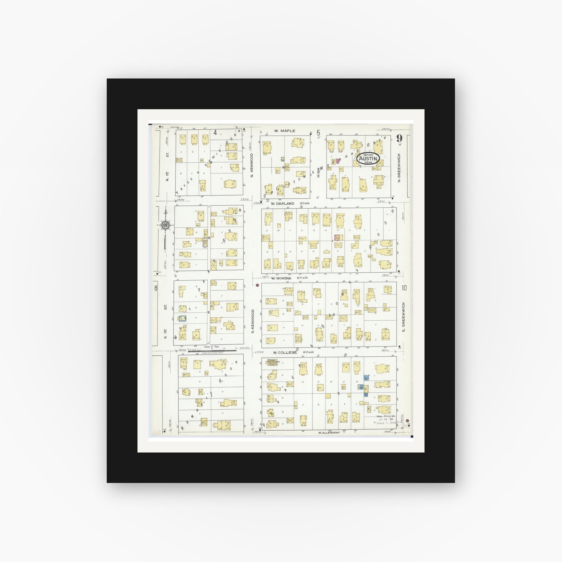 Old map wall art mockup — black gallery frame with white mat — Sanborn Fire Insurance Map from Austin, Mower County, Minnesota (1917), Sheet #0009