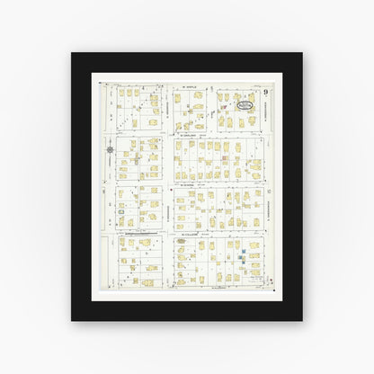 Old map wall art mockup — black gallery frame with white mat — Sanborn Fire Insurance Map from Austin, Mower County, Minnesota (1917), Sheet #0009