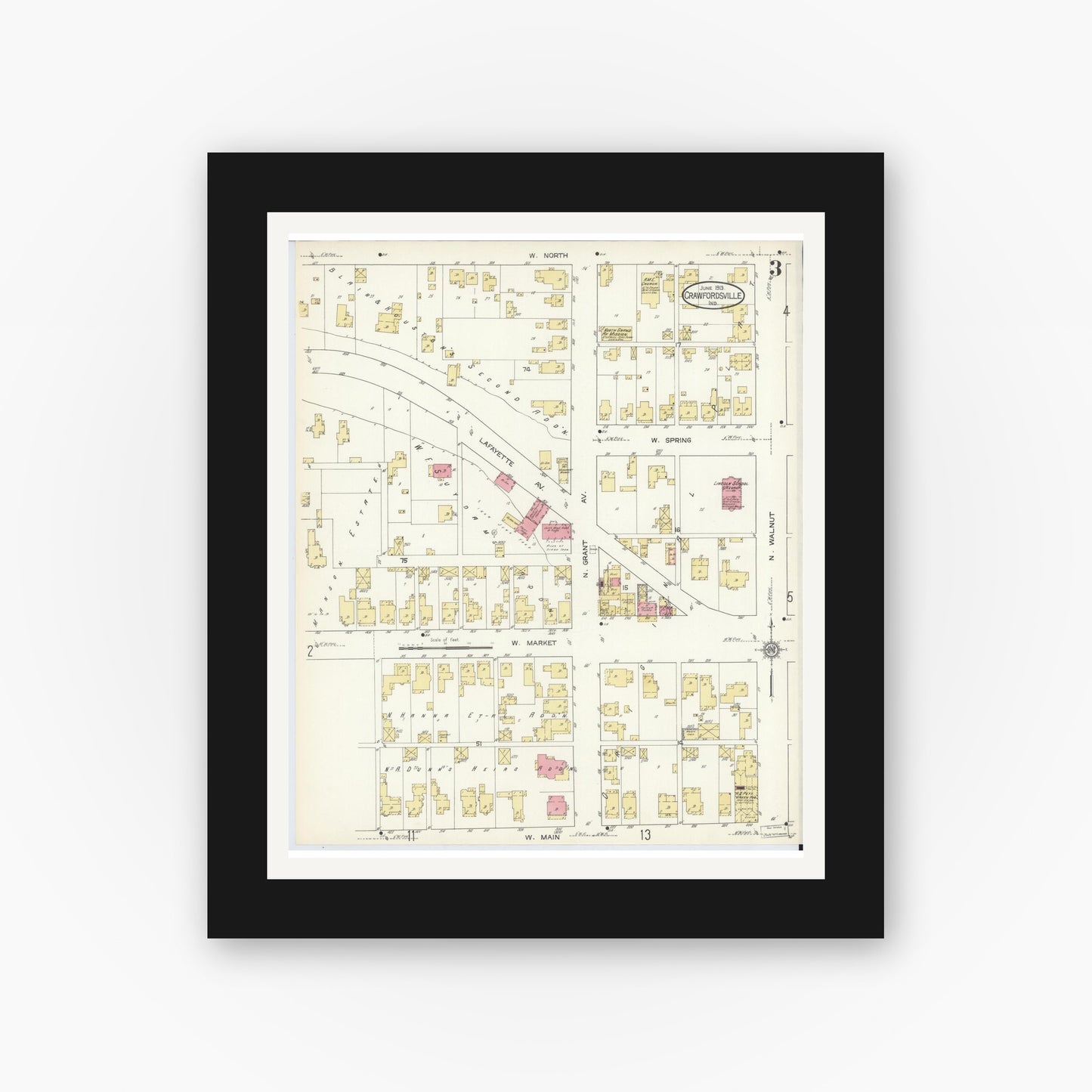 Old map wall art mockup — black gallery frame with white mat — Sanborn Fire Insurance Map from Crawfordsville, Montgomery County, Indiana (1913), Sheet #0003