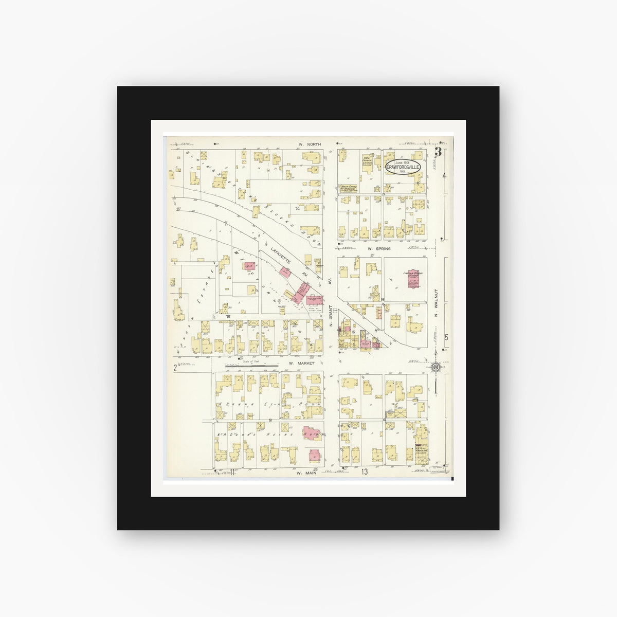 Old map wall art mockup — black gallery frame with white mat — Sanborn Fire Insurance Map from Crawfordsville, Montgomery County, Indiana (1913), Sheet #0003