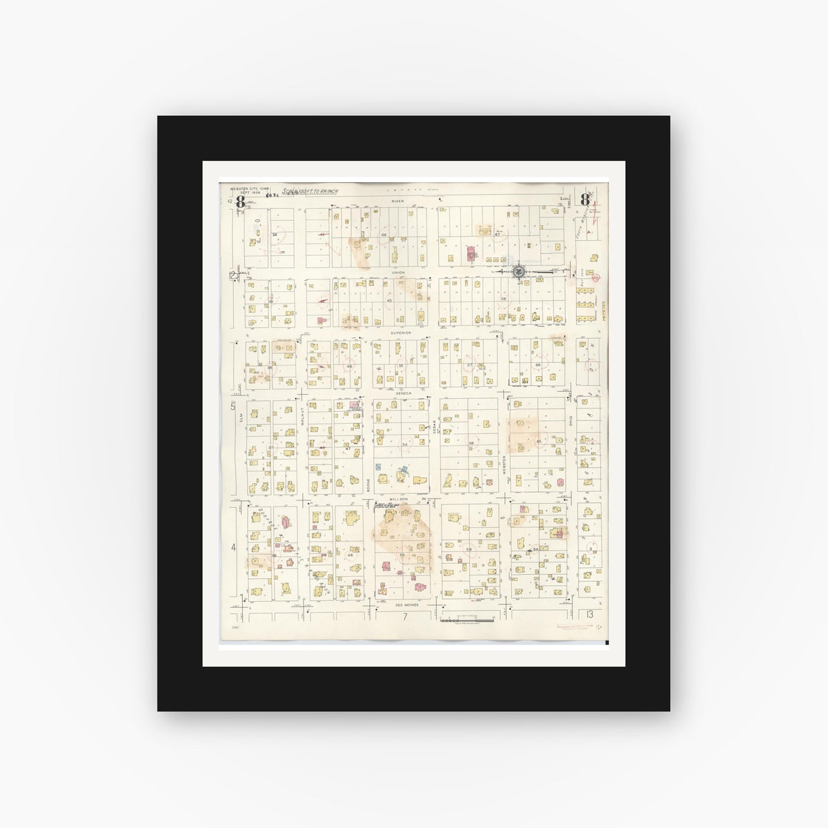 Old map wall art mockup — black gallery frame with white mat — Sanborn Fire Insurance Map from Webster City, Hamilton County, Iowa (1950), Sheet #0008