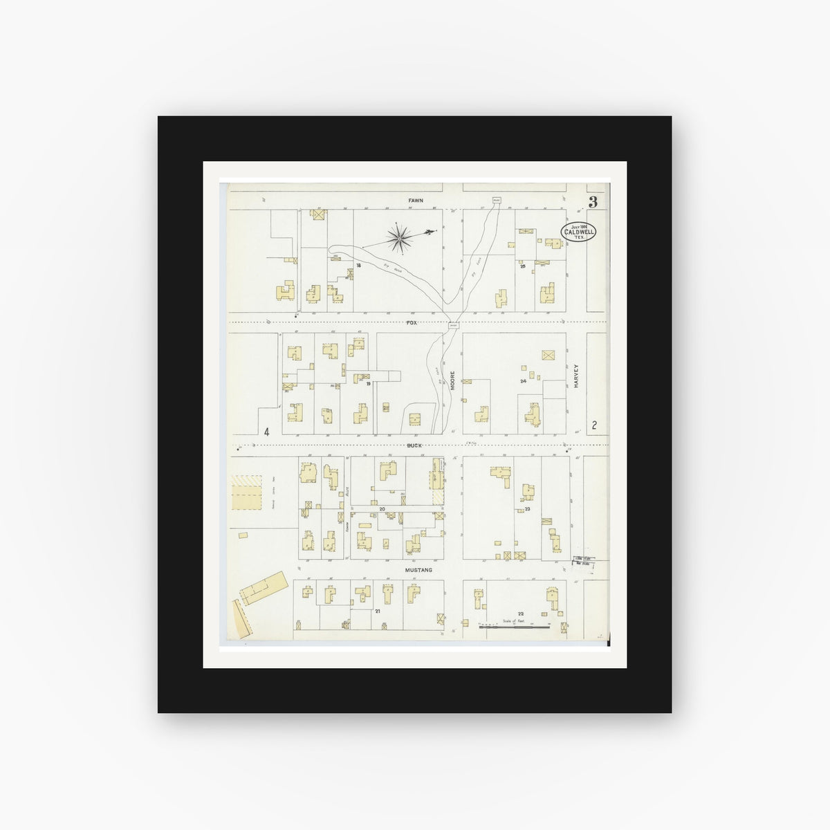 Old map wall art mockup — black gallery frame with white mat — Sanborn Fire Insurance Map from Caldwell, Burleson County, Texas (1906), Sheet #0003