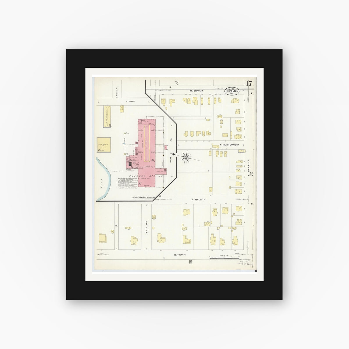 Old map wall art mockup — black gallery frame with white mat — Sanborn Fire Insurance Map from Sherman, Grayson County, Texas (1908), Sheet #0017