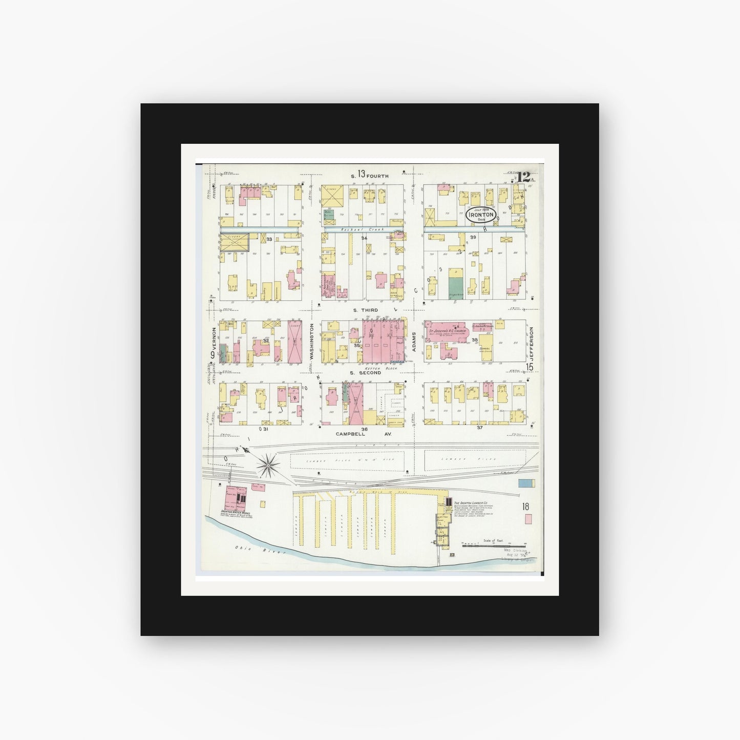Old map wall art mockup — black gallery frame with white mat — Sanborn Fire Insurance Map from Ironton, Lawrence County, Ohio (1909), Sheet #0012