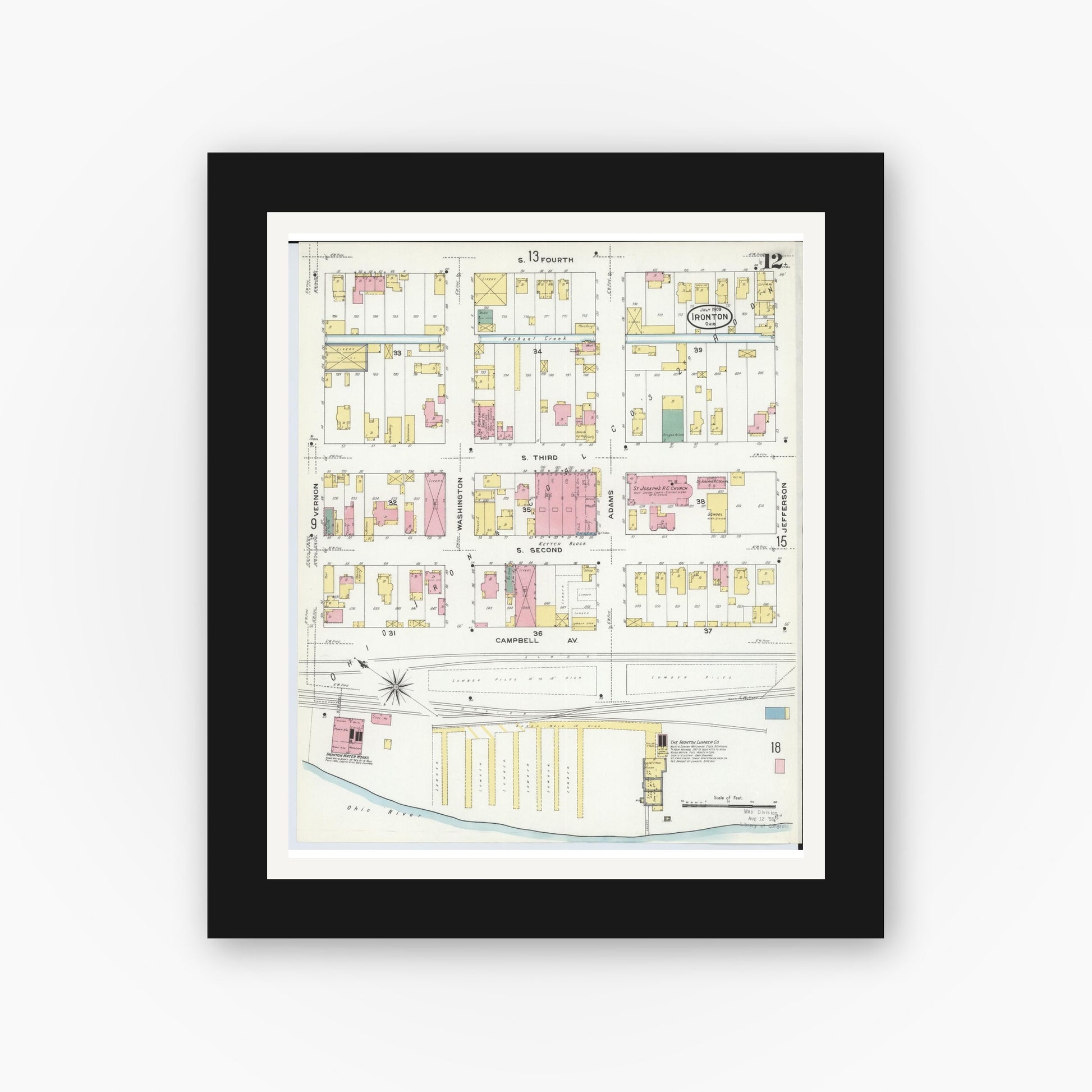Old map wall art mockup — black gallery frame with white mat — Sanborn Fire Insurance Map from Ironton, Lawrence County, Ohio (1909), Sheet #0012
