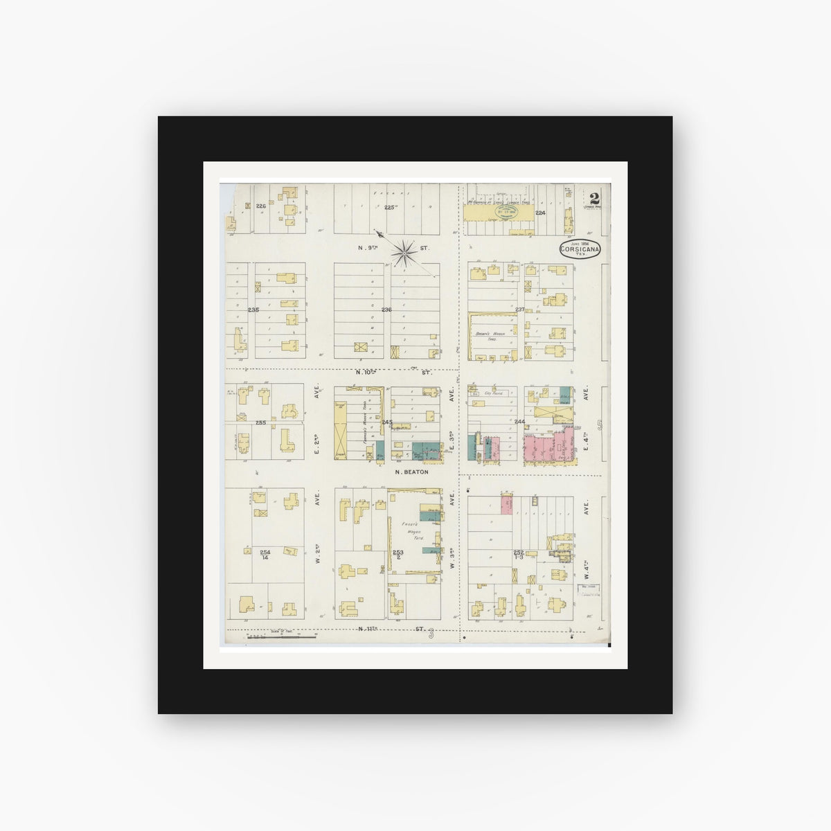 Old map wall art mockup — black gallery frame with white mat — Sanborn Fire Insurance Map from Corsicana, Navarro County, Texas (1894), Sheet #0002