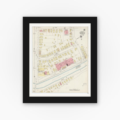 Old map wall art mockup — black gallery frame with white mat — Sanborn Fire Insurance Map from Hornell, Steuben County, New York (1915), Sheet #0017