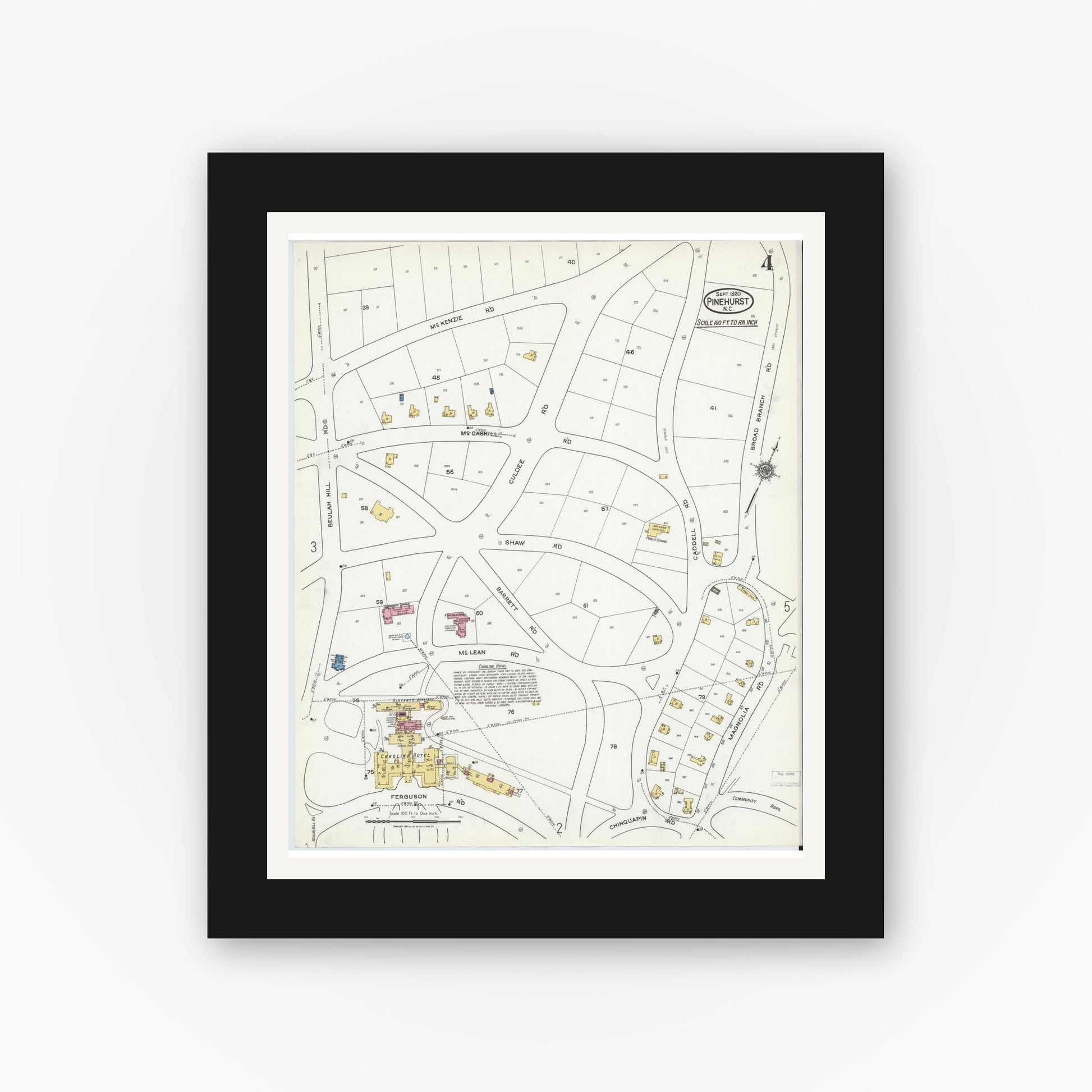Old map wall art mockup — black gallery frame with white mat — Sanborn Fire Insurance Map from Pinehurst, Moore County, North Carolina (1920), Sheet #0004