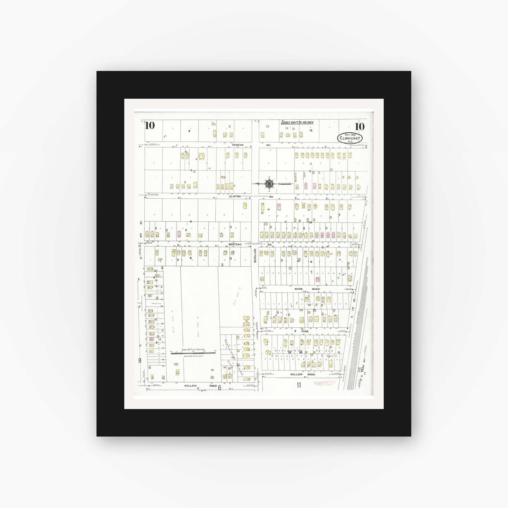 Old map wall art mockup — black gallery frame with white mat — Sanborn Fire Insurance Map from Elmhurst, Du Page County, Illinois (1924), Sheet #0010