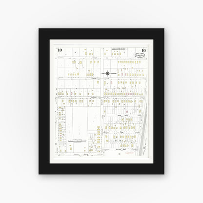 Old map wall art mockup — black gallery frame with white mat — Sanborn Fire Insurance Map from Elmhurst, Du Page County, Illinois (1924), Sheet #0010