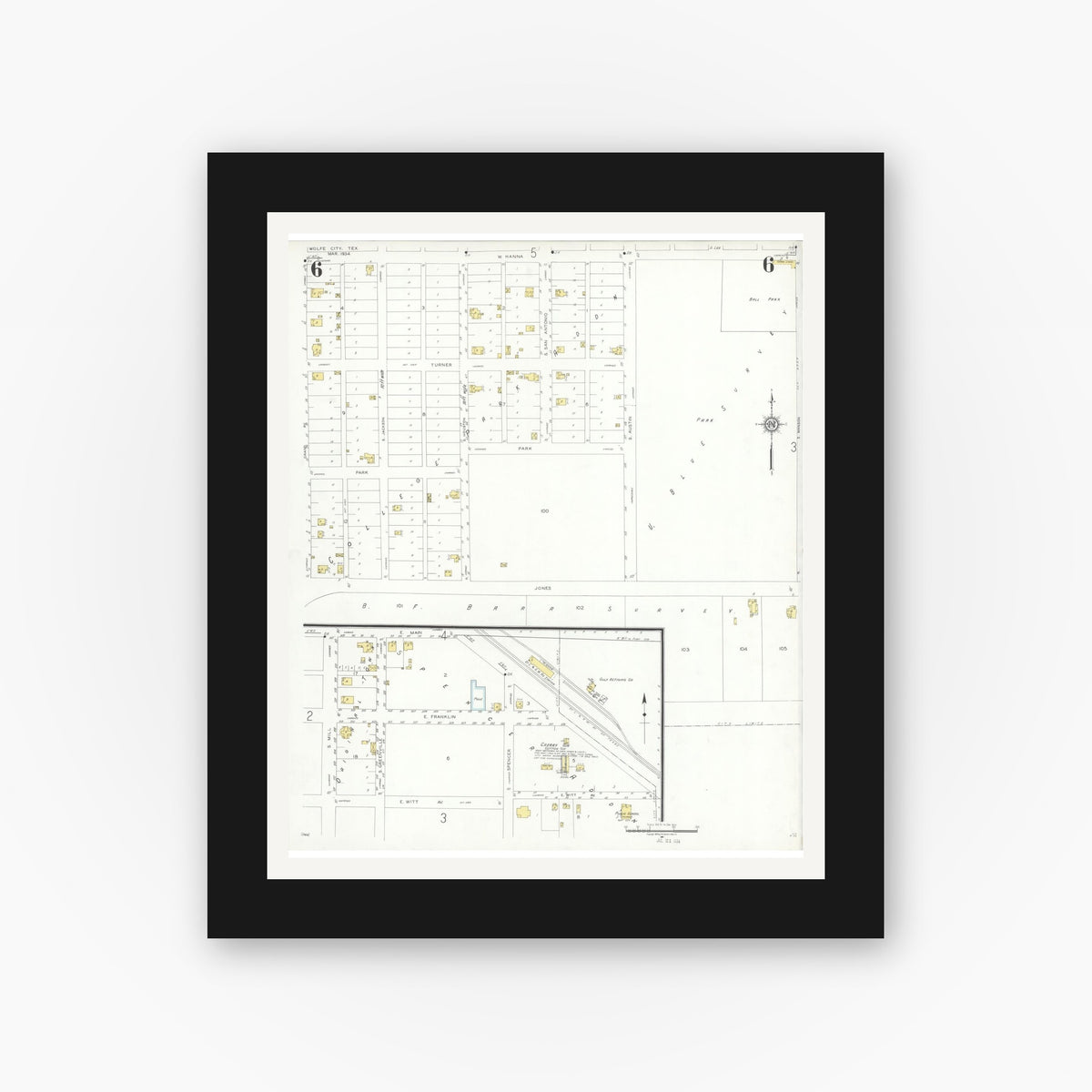 Old map wall art mockup — black gallery frame with white mat — Sanborn Fire Insurance Map from Wolfe City, Hunt County, Texas (1934), Sheet #0006