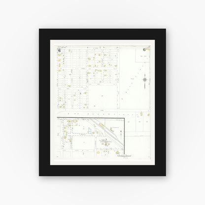 Old map wall art mockup — black gallery frame with white mat — Sanborn Fire Insurance Map from Wolfe City, Hunt County, Texas (1934), Sheet #0006