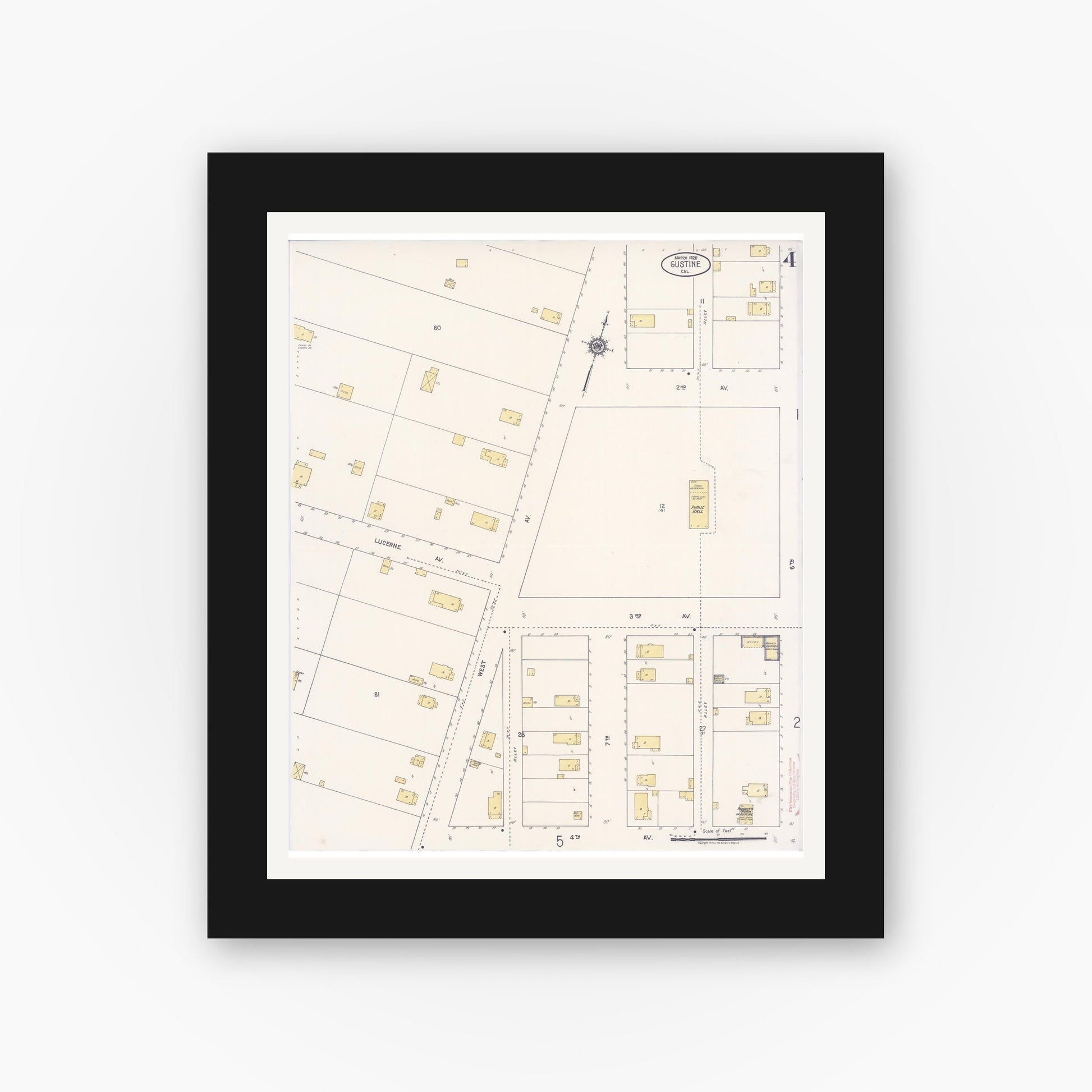 Old map wall art mockup — black gallery frame with white mat — Sanborn Fire Insurance Map from Gustine, Merced County, California (1920), Sheet #0004
