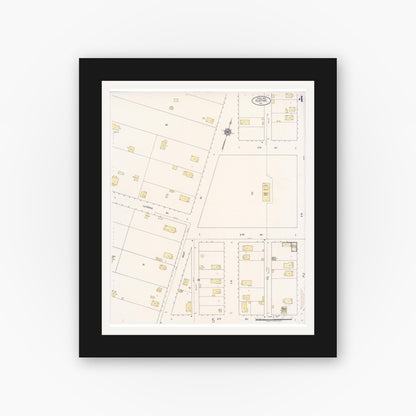 Old map wall art mockup — black gallery frame with white mat — Sanborn Fire Insurance Map from Gustine, Merced County, California (1920), Sheet #0004