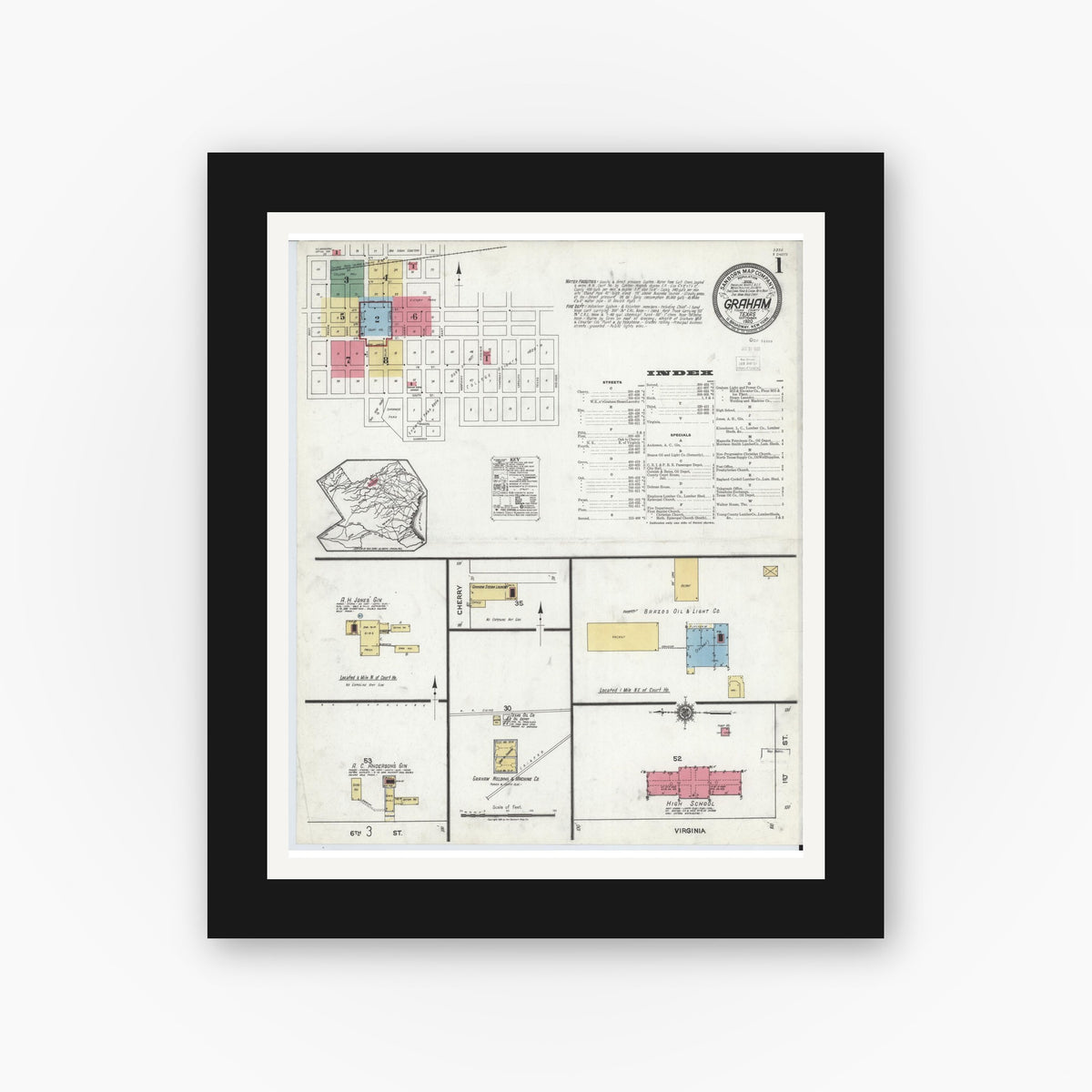 Old map wall art mockup — black gallery frame with white mat — Sanborn Fire Insurance Map from Graham, Young County, Texas (1920), Sheet #0001