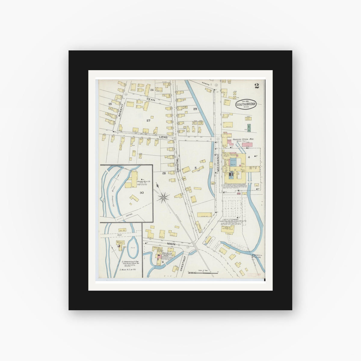 Old map wall art mockup — black gallery frame with white mat — Sanborn Fire Insurance Map from Southbridge, Worcester County, Massachusetts (1894), Sheet #0002