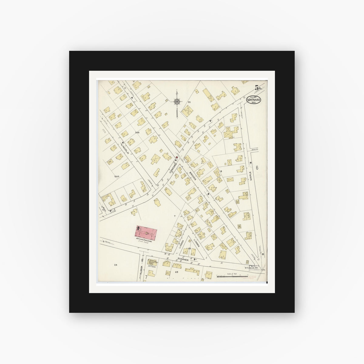 Old map wall art mockup — black gallery frame with white mat — Sanborn Fire Insurance Map from Maynard, Middlesex County, Massachusetts (1915), Sheet #0005