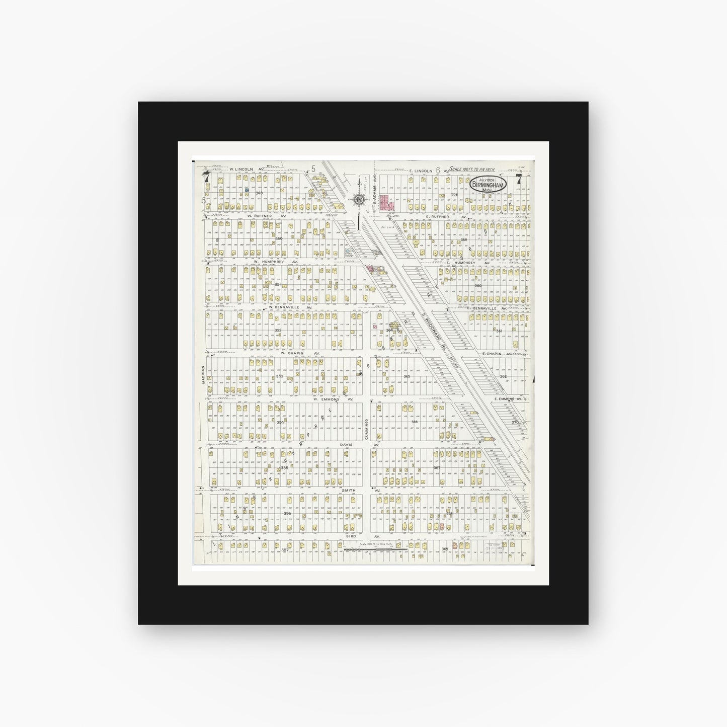 Old map wall art mockup — black gallery frame with white mat — Sanborn Fire Insurance Map from Birmingham, Oakland County, Michigan (1926), Sheet #0007