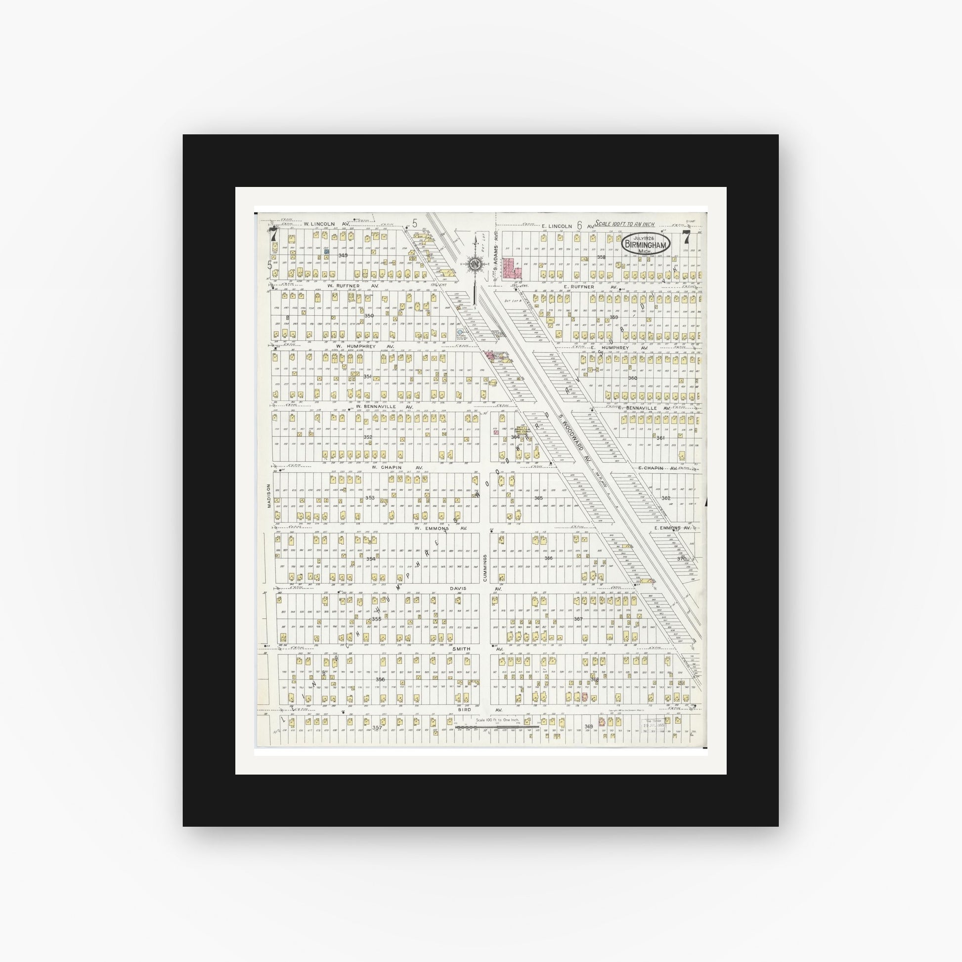Old map wall art mockup — black gallery frame with white mat — Sanborn Fire Insurance Map from Birmingham, Oakland County, Michigan (1926), Sheet #0007